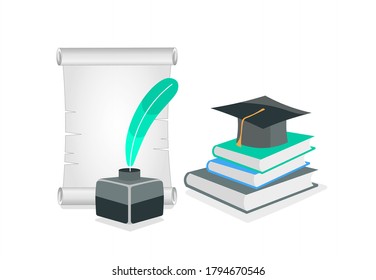 Vektorgrafik einer Schriftrolle, inkwell mit einem Stift und einem Buch. Zulassung eines Studenten.