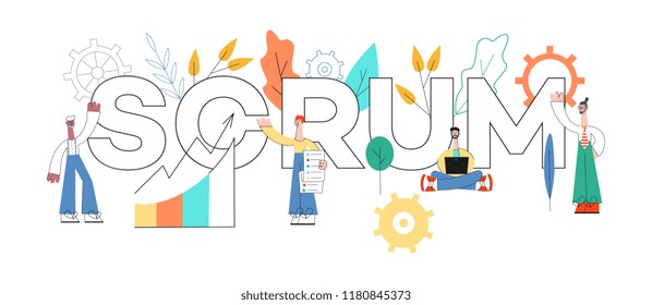 Vector illustration of scrum text design - agile planning technique of teamwork on software development with people working on laptop and discussing tasks and results in flat style.
