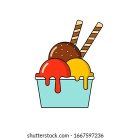 Vector illustration of scrumptious melting ice cream scoops of strawberry vanilla chocolate flavors with waffle straws in blue paper cup. Summer desserts concept