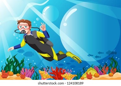 A vector illustration of a scuba diver diving in the ocean