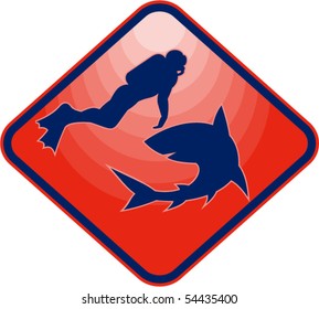 vector illustration of a Scuba diver and shark confrontation in silhouette set inside a diamond.
