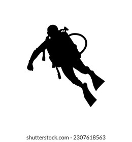 Vector illustration. Scuba diver silhouette underwater.