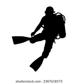 Vector illustration. Scuba diver silhouette underwater.