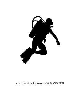 Vector illustration. Scuba diver silhouette underwater.