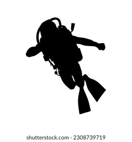 Vector illustration. Scuba diver silhouette underwater.