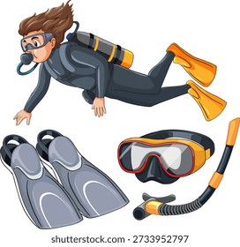 Vector illustration of a scuba diver swimming alongside a mask, snorkel, and diving fins