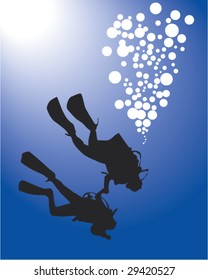 vector illustration of scuba divers in blue background