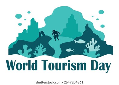 Vector illustration of scuba divers exploring a coral reef and sunken city resembling Atlantis. Features turquoise tones, marine animals, ruins, and underwater adventure. 