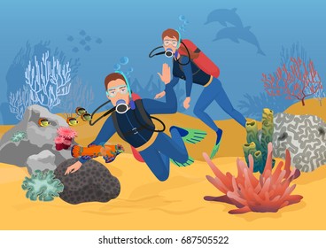 Vector illustration of scuba divers greeting while swimming in ocean reef.