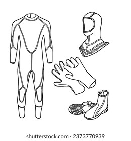 Vector illustration of scuba or diving equipment set hand drawn sketch, Containing wetsuit, hood, gloves and boots,  isolated on white background