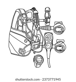 Vector illustration of scuba or diving equipment set hand drawn sketch, Containing BCD, regulator, octopus, instrument and gauges, isolated on white background