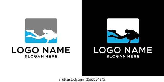 Vector illustration of scuba diving logo design in the sea.