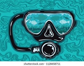 Vector illustration of a scuba diving mask with some fish