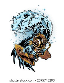 Vector illustration of scuba surfing on a big wave.