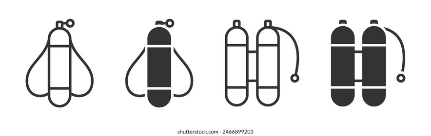 Vector illustration of scuba tanks in various designs, featuring minimalist black and white style.