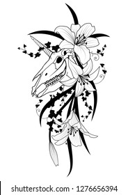 Vector illustration with scull of unicorn, ivy and flowers of lily in black and white colors