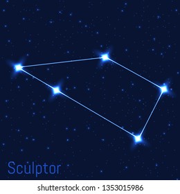 Vector illustration of Sculptor constellation. Astronomical Sculptor's tools. Cluster of realistic stars in the dark blue starry sky.