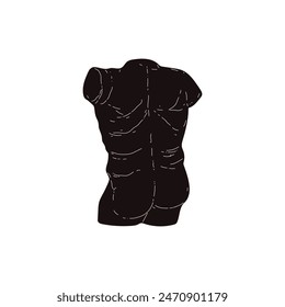 Vector illustration sculpture in the form of a black silhouette of a male body rear view, vintage style with elements of Greek and Roman architecture.