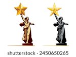 Vector illustration. Sculpture-monument Motherland is calling. Happy Victory Day! World War II 1941-1945, Hero medal "Gold Star", Hero of Socialist Labor "Hammer and Sickle" USSR. Battle of Stalingrad