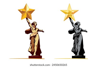 Vektorillustration. Skulptur-Denkmal Mutterland ruft. Frohen Siegestag! Zweiter Weltkrieg 1941-1945, Heldenmedaille "Gold Star", Held der sozialistischen Arbeit "Hammer und Sichel" UdSSR. Schlacht von Stalingrad