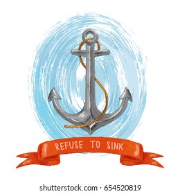 Vector illustration of sea anchor with place for text with hand drawn grunge texture on isolated white background. Can be used for poster, print, card, logo, banner design.