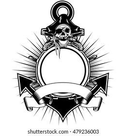 Vector illustration sea anchor and steering wheel frame and piracy sing skull in cocked hat with crossed old pistols