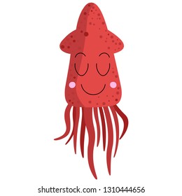 Vector illustration with sea animal - cartoon squid, underwater world and wildlife, ocean cute character, nursery postcard or poster template with sea animal. Isolated image of a squid.