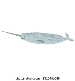 Vector illustration with sea animal - cartoon narwhal, underwater world and wildlife, ocean cute character, nursery postcard or poster template with sea animal. Isolated image of a narwhal.