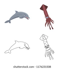 Vector illustration of sea and animal icon. Set of sea and marine vector icon for stock.