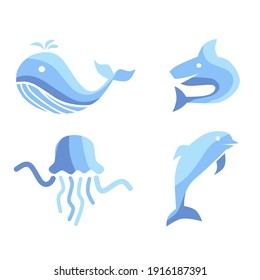 vector illustration of sea animal icons.  whales, dolphins, jellyfish, sharks.  with a minimalist flat design style.  eps 10.