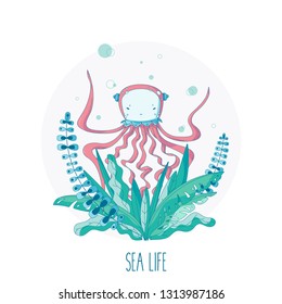 Vector illustration with sea animal - jellyfish, and lettering (sea life), underwater world and wildlife, ocean cute character with graphic tropical leaf element. Card or poster template