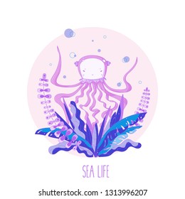 Vector illustration with sea animal - jellyfish, and lettering (sea life), underwater world and wildlife, ocean cute character with graphic tropical leaf element. Card or poster template
