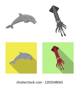 Vector illustration of sea and animal sign. Collection of sea and marine vector icon for stock.