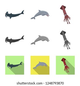 Vector illustration of sea and animal sign. Set of sea and marine vector icon for stock.