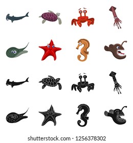 Vector illustration of sea and animal sign. Set of sea and marine vector icon for stock.