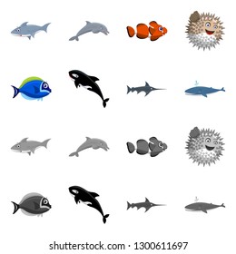 Vector illustration of sea and animal sign. Set of sea and marine vector icon for stock.