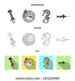 Vector illustration of sea and animal sign. Collection of sea and marine vector icon for stock.