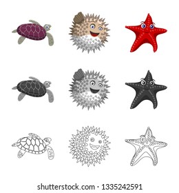 Vector illustration of sea and animal sign. Set of sea and marine stock symbol for web.