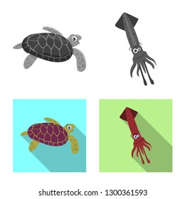 Vector illustration of sea and animal symbol. Collection of sea and marine vector icon for stock.
