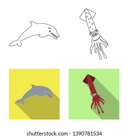 Vector illustration of sea and animal symbol. Set of sea and marine stock symbol for web.
