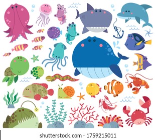Vector Illustration of Sea animals Cartoon set. Marine life. Underwater animals.