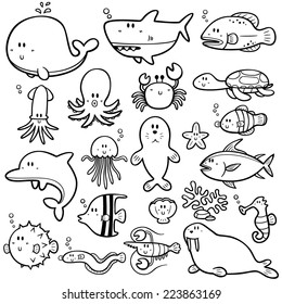 Vector Illustration Sea Animals Cartoon Coloring Stock Vector (Royalty ...