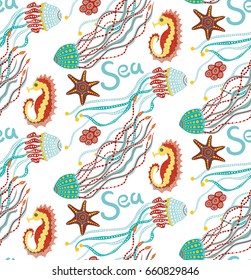 Vector illustration of sea animals. Cartoon seamless pattern. It can be used for backgrounds, surface textures, wallpapers, pattern fills.