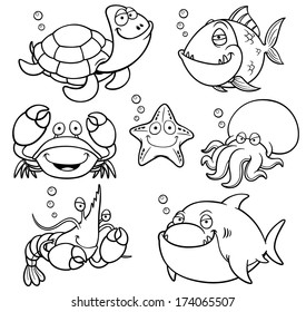 Vector illustration of Sea Animals Collection - Coloring book