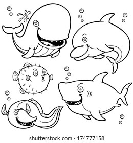 Ilustración vectorial de la colección Sea Animals - Libro coloreado