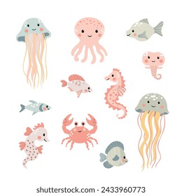 Ilustración vectorial de animales marinos y peces sobre un fondo blanco