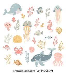 Vector illustration of sea animals and fish on a white background