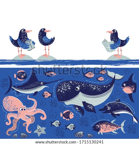 Vector illustration of sea animals, fish and guls. Cartoon piccture of sea horizon and water. Albatrosses traing to find right way in the sea. 