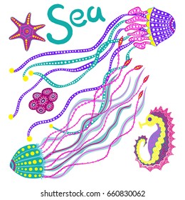 Vector illustration of sea animals.  Jellyfish, seahorse, starfish fnd coral on white background.