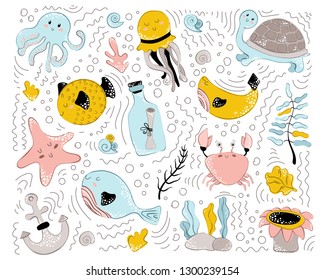 vector illustration with sea animals on white background, underwater world and adventure, ocean set, cute characters for nursery poster, print, cards design